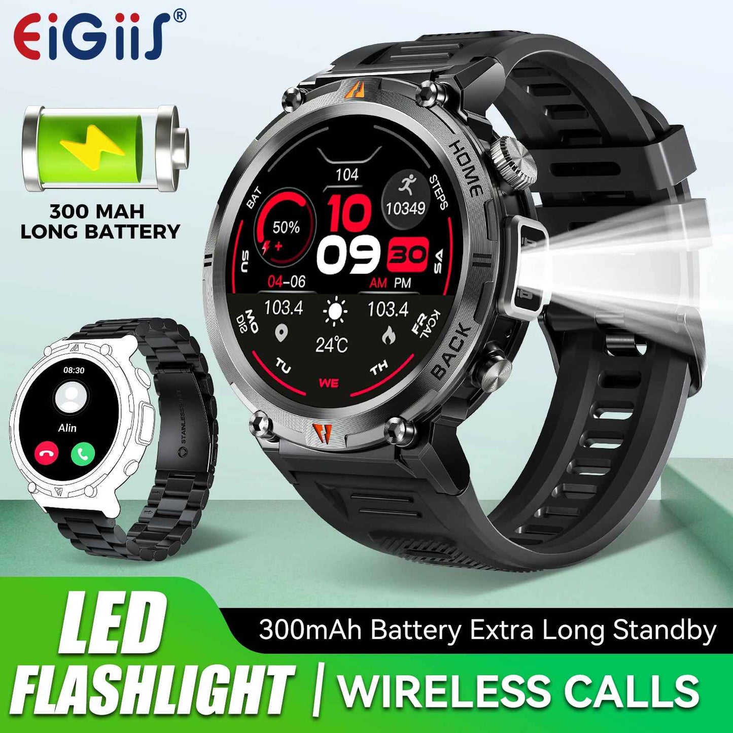 EIGIIS KE3 Smart Watch 3ATM Waterproof Original Design For Men Bluetooth Call Health Monitor With Flashlight 100+ Sports Modes