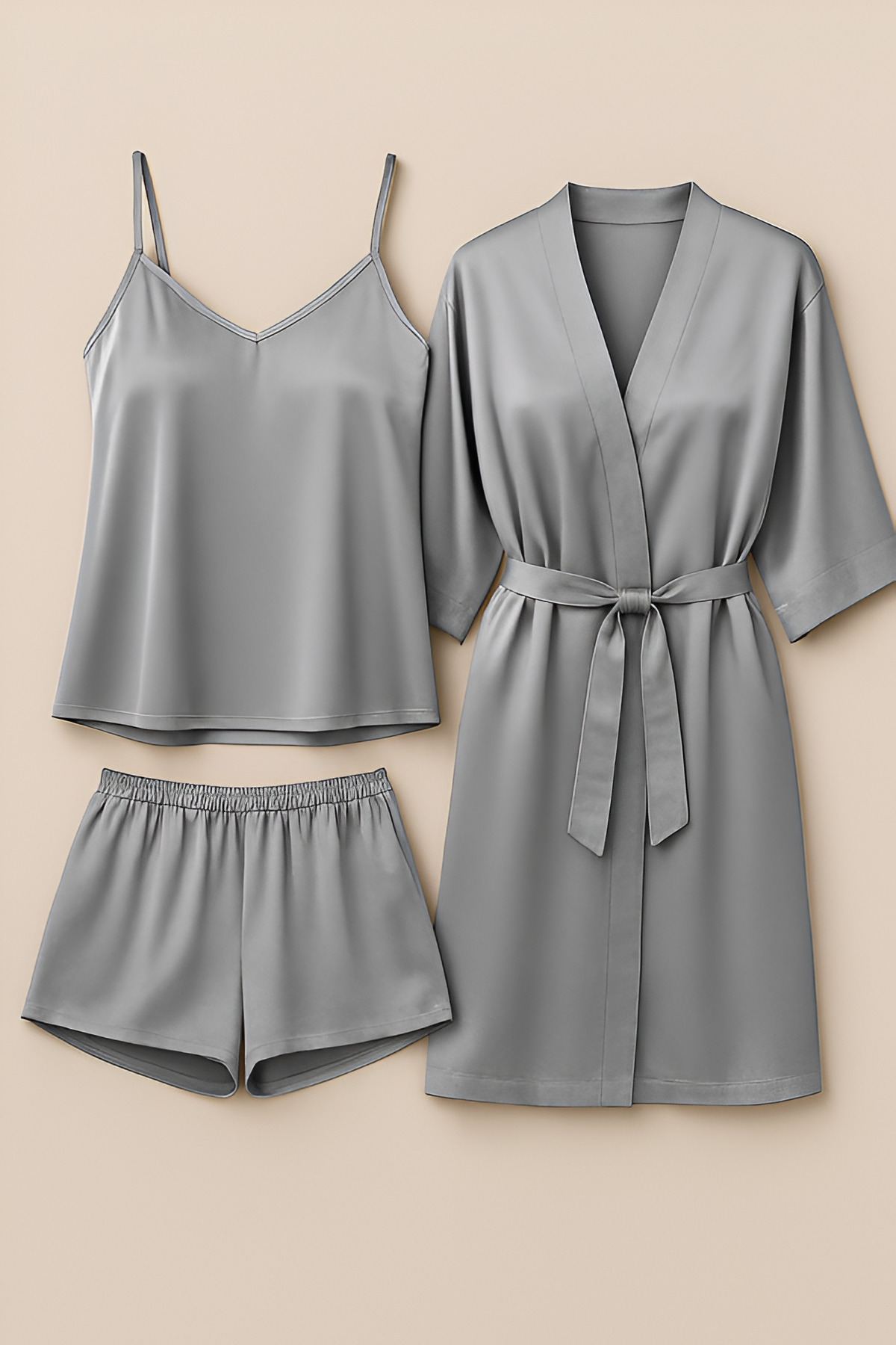 3-piece Satin Sleepwear Set For Women – Camisole, Shorts & Robe | Elegant Nightwear & Loungewear – Free Size