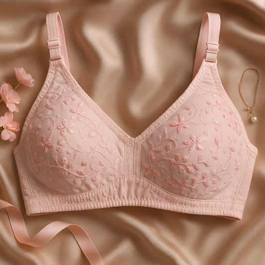 01 Pcs Cotton Embroidered Chikan Bra For Women – Soft Breathable Fabric, Floral Design, Adjustable Straps, 2-hook Closure, Daily Wear