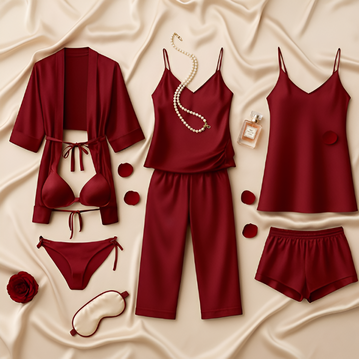 7-piece Satin Sleepwear & Lingerie Set For Women – Luxury Nightwear Dress
