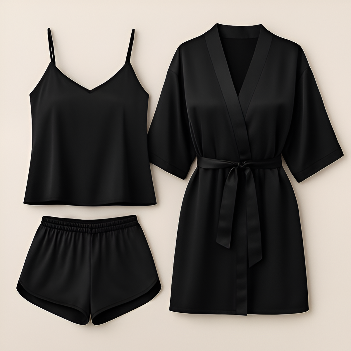 3-piece Satin Sleepwear Set For Women – Camisole, Shorts & Robe | Elegant Nightwear & Loungewear – Free Size