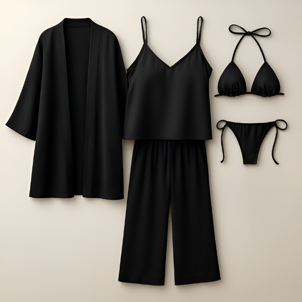 5-piece Satin Sleepwear Set – Robe, Camisole, Pants & Bikini Nightwear