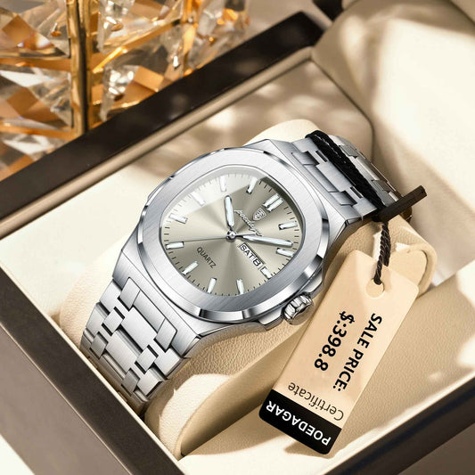 POEDAGAR Fashion Square Men Clock Waterproof Luminous Date Week Man Wristwatch High Quality Stainless Steel Quartz Men's Watches