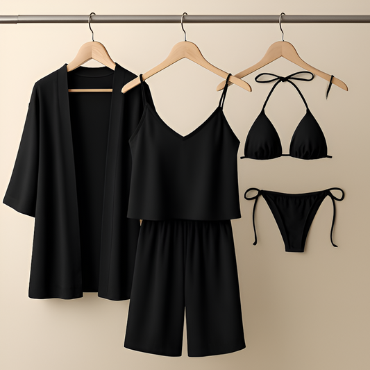 5-piece Satin Sleepwear Set – Robe, Camisole, Pants & Bikini Nightwear