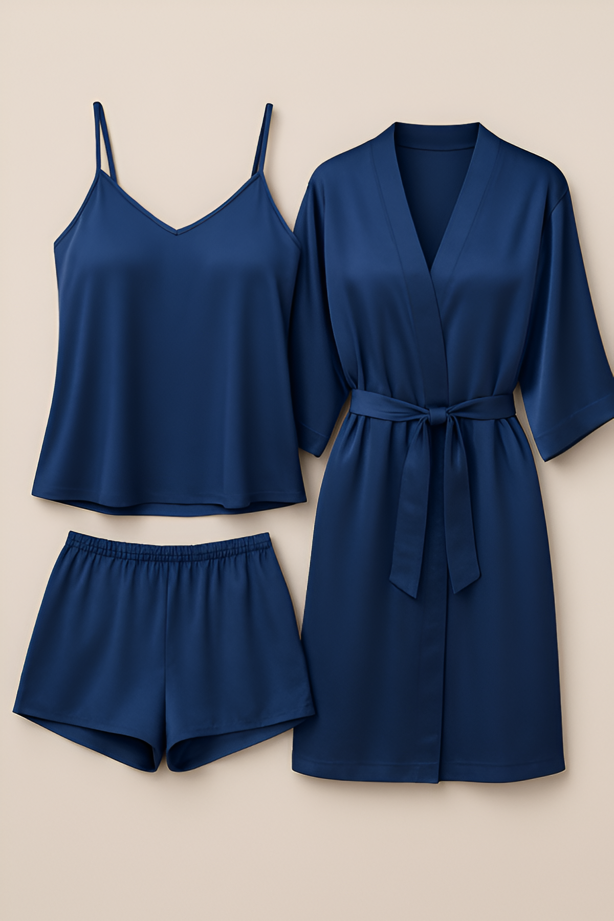 3-piece Satin Sleepwear Set For Women – Camisole, Shorts & Robe | Elegant Nightwear & Loungewear – Free Size