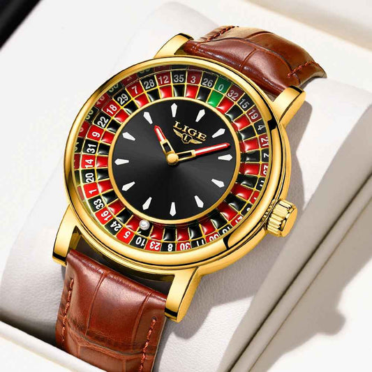 LIGE Fashion Leather Men Lucky Watch Rotating Dial Las Vegas Roulette Desktop Lucky Watch Men Waterproof Luminous Clock Watches