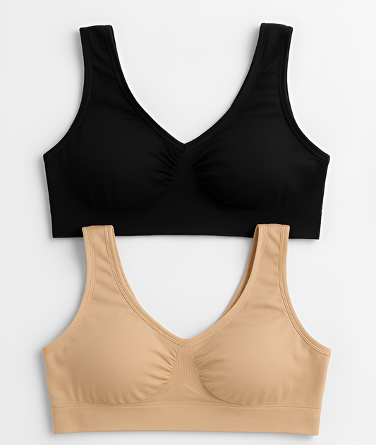 Pack Of 2 Women’s Lycra Sports Bra Set – Black & Skin.